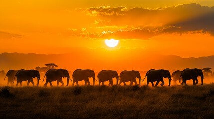 Fototapeta premium A herd of elephants walks majestically across the savannah at sunset, providing a striking silhouette against the vibrant orange sky, perfect for themes of wildlife, nature, and tranquility,