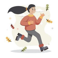 Running sporty woman in a jacket and warm clothes runs against background of autumn landscape. Active healthy lifestyle. Beautiful slender girl is engaged in sports, trains etc. Autumn theme