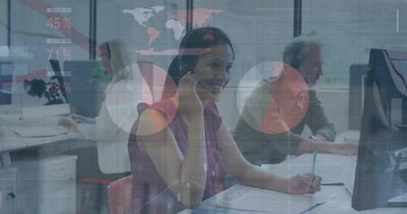 Business data analytics animation over diverse customer service team in office - Powered by Adobe