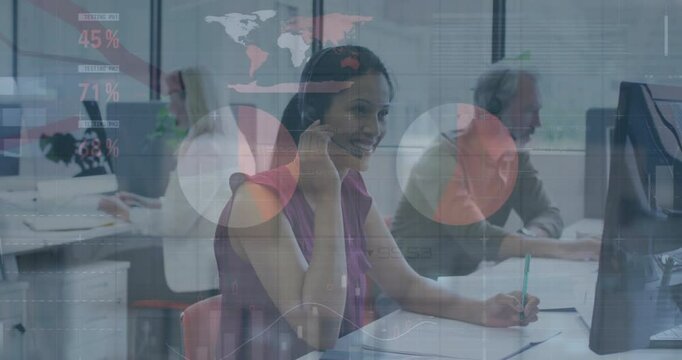 Business data analytics animation over diverse customer service team in office