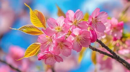 Pink cherry blossoms against a bright blue sky, vibrant spring flowers and cheerful nature scene, colorful outdoor beauty