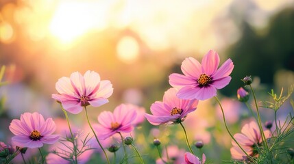 Fototapeta premium Pink cosmos flowers swaying in the breeze, delicate blooms and vibrant summer landscape, peaceful and colorful nature