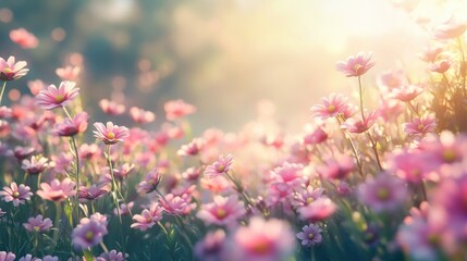 Obraz premium Pink daisies in a field on a sunny day, wildflowers and vibrant nature scene, peaceful outdoor retreat and warm light