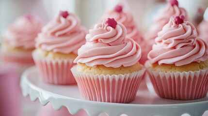 Pink frosted cupcakes on a cake stand, sweet dessert and birthday party celebration, cheerful and festive treats