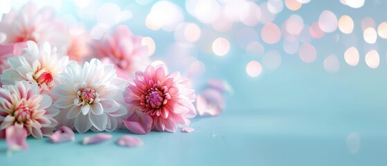 Delicate blossoms illuminated, soft petals in shades of pink and white cascading, tranquil ambiance enhanced by gentle bokeh effect in the background.