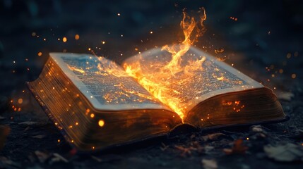 Book of Magic Burning with Elemental Fusion in an Enchanting Twilight Scen