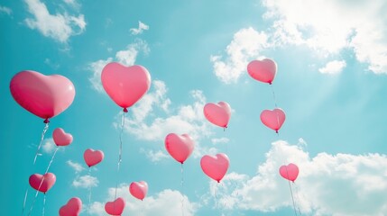 Pink heart-shaped balloons floating in the sky, fun and festive celebration, cheerful and colorful love-themed decor