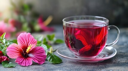 Fototapeta premium Pink hibiscus tea in a clear glass cup, healthy herbal drink and vibrant color, refreshing and natural beverage