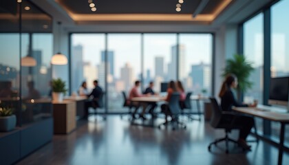 A modern office space with large windows showcasing a cityscape, people working at desks and tables in a collaborative environment.