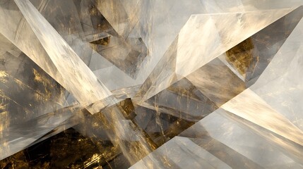 14. "An abstract composition of overlapping geometric forms in shades of gold and silver with a soft, glowing background