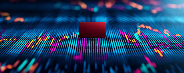 Abstract explosion of market indicators with a bold  Buy  sign at the center, capturing the drama of volatile fund decisions