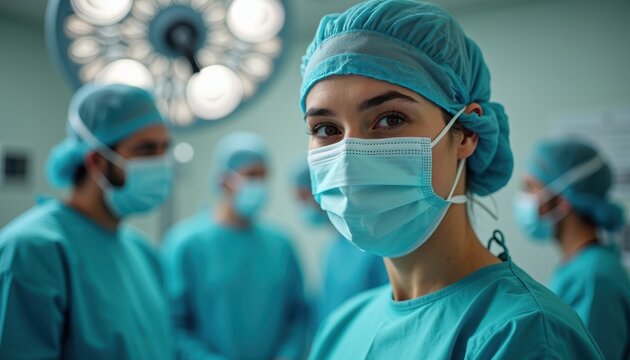 Female medical professional in surgical gear smiles at the camera; colleagues, also in scrubs, are focused on their tasks in the background.