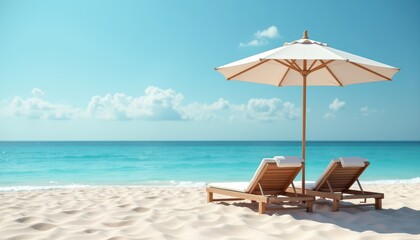 Two wooden lounge chairs and a beach umbrella on a pristine beach with white sand and a calm turquoise sea under a clear blue sky.