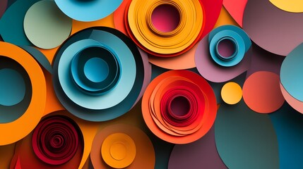 46. "A modern paper cut arrangement of layered shapes and concentric circles in bold, contrasting colors with a textured background