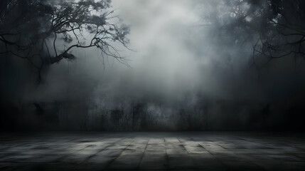 Fototapeta premium Dark Foggy Forest Background with a Concrete Floor and Eerie Atmosphere