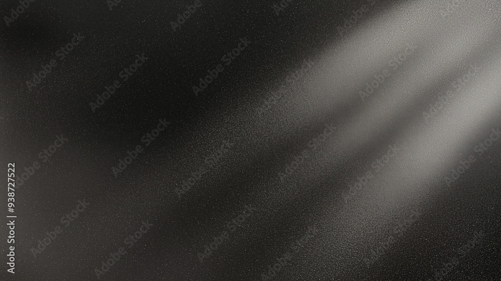 Poster Black matte textured background with floating dust particles illuminated by soft light in the top right corner, creating a deep contrast between black and white. This abstract design emphasizes textur