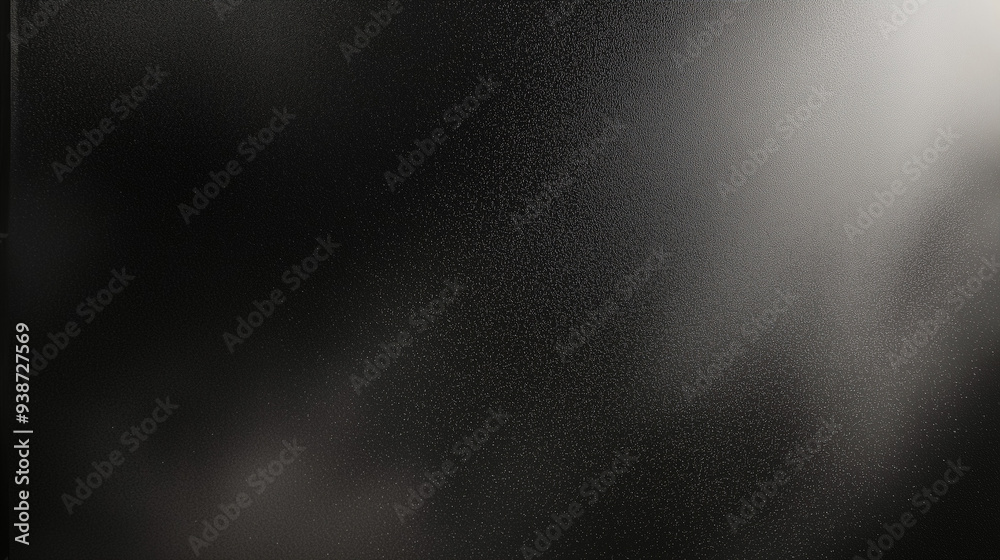 Poster Black matte textured background with floating dust particles illuminated by soft light in the top right corner, creating a deep contrast between black and white. This abstract design emphasizes textur