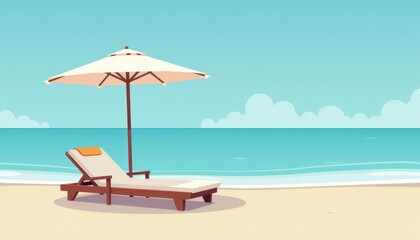 Fototapeta premium Empty lounge chair under an umbrella facing the calm ocean on a sunny beach, with a clear blue sky and gentle waves in the background.