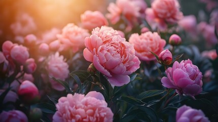 Fototapeta premium Pink peonies in a lush garden, blooming flowers and natural beauty, summer landscape and colorful floral display