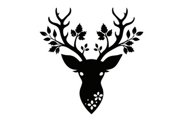 Christmas Floral Deer Head Black Silhouette.Christmas deer head, floral deer silhouette,