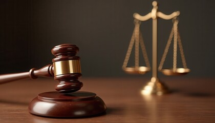A judge's gavel rests prominently on a wooden desk with golden scales of justice in the background, symbolizing law and fairness.