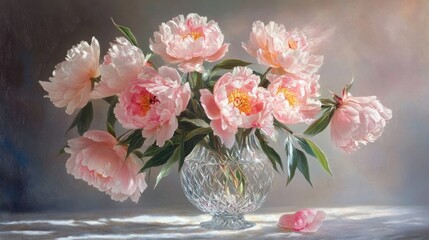 Obraz premium Pink peony bouquet in a crystal vase, romantic and elegant floral arrangement, soft light and timeless home decor