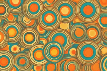 Fototapeta premium A funky retro circle pattern with bright orange yellow and teal rings, AI Generated