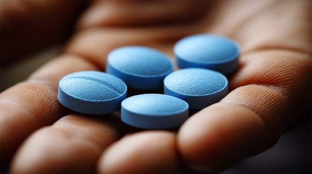 man's hand holds a clear bag filled with blue pills, symbolizing Viagra. The image captures themes of masculinity, sexual health, intimacy, medical treatment, and the complexities of aging