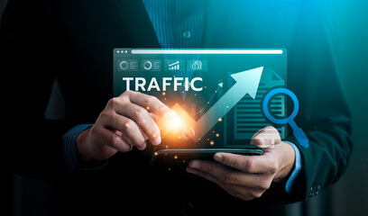 Digital Traffic Growth Analysis, Business Professional Using Advanced Technology to Monitor and Enhance Website Performance for Increased Traffic and Online Visibility in a Competitive Market