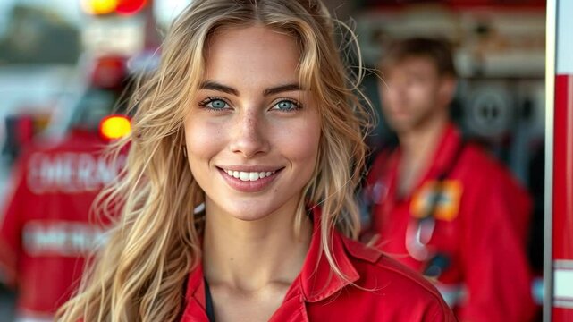 A happy female paramedic faces the camera, while the ambulance crew is in the background.
