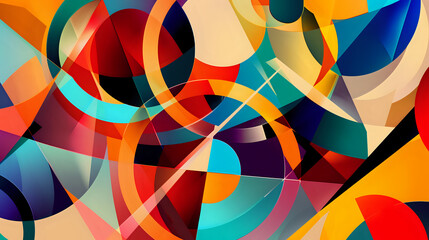 Obraz premium Bold geometric shapes arranged dynamically, featuring bright colors and modern abstract design, creating a visually striking artwork.