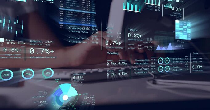 Typing on laptop, financial data and analytics animation over hands