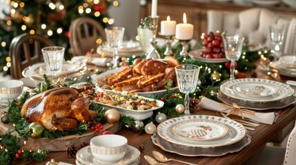Christmas dinner table set with a delicious feast and sparkling tableware. 