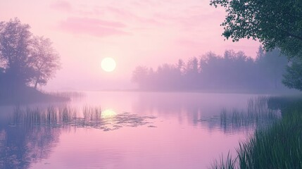 Fototapeta premium Pink sky at dawn over a tranquil lake, serene morning scene and peaceful nature retreat, calm and reflective water