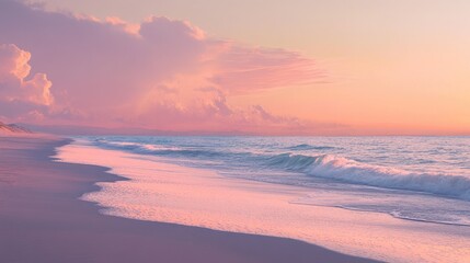 Fototapeta premium Pink sky at dusk over a tranquil beach, serene evening scene and peaceful coastal retreat, warm and colorful horizon