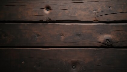 Fototapeta premium Close-up of a rustic wooden surface with dark, weathered planks featuring visible grain patterns and knots.