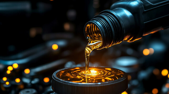 motor oil being poured from a black bottle, emphasizing its smooth flow and texture. Represents vehicle maintenance, lubrication, and the importance of car care