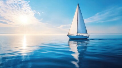 Fototapeta premium Sailing boat gliding across a calm blue sea, white sails catching the breeze, perfect summer day on the water, peaceful and serene scene