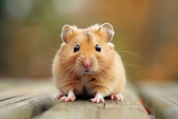 Cute hamster with chubby cheeks sitting on a wooden surface, looking directly into the camera with soft fur and tiny features. ai