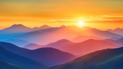 Obraz premium Sunset over a mountain range with golden light bathing the peaks, warm summer evening, and peaceful natural beauty, serene landscape view
