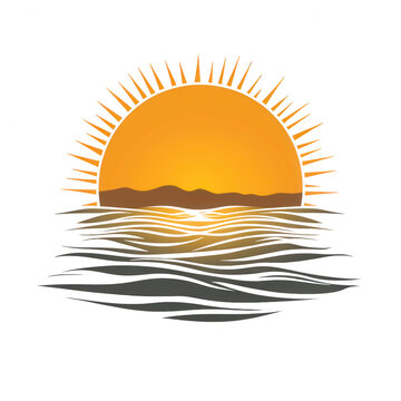 A beautiful illustration of the sun rising over mountains and reflecting in the water.