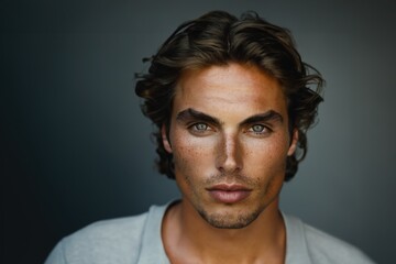 Obraz premium Close-up portrait of a young man with green eyes and wavy brown hair, exuding confidence. ai