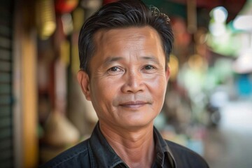 Fototapeta premium Portrait of a mature Asian man smiling warmly in a vibrant market setting, with a confident expression. ai
