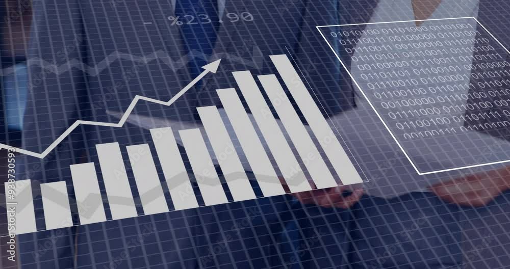 Poster rising bar chart and binary code animation over business person in background