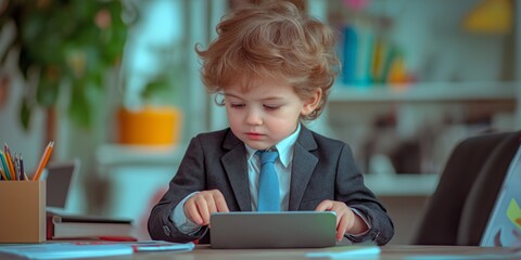 Young child in a business suit using a tablet, portraying future technology and business skills development in a modern office setting.