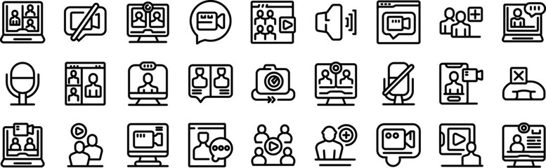 Videocall icons set. Line icons representing video conferencing, online meetings, and webinars, showcasing people connecting remotely