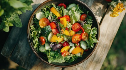 Vibrant summer salad with fresh greens, colorful vegetables, and a light vinaigrette, served on a rustic outdoor table, healthy and refreshing meal