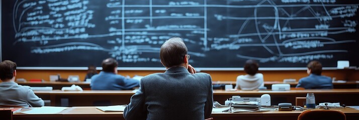 Professor teaching advanced physics to a classroom of attentive students, with complex equations written on a large chalkboard.