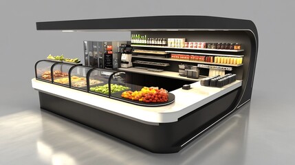 Modern Black and White Food Counter with Glass Display Cases