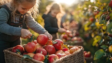 A group of people participating in a traditional harvest festival, with activities like apple picking and hayrides, highlighting the connection to nature and community